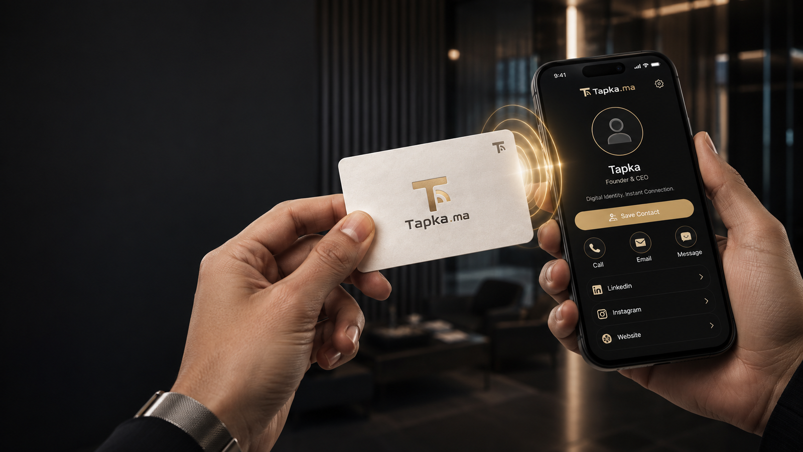Démonstration Tapka, tap NFC et profil digital sur smartphone